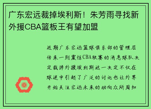 广东宏远裁掉埃利斯！朱芳雨寻找新外援CBA篮板王有望加盟